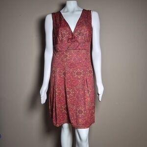 Aller Simplement Red Boho Paisley Mandala V-Neck Pleated Dress L/XL NWT